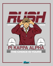 illustrated man in a quarter zip placing a pi kappa alpha hat on his head with two blank hats beside him under bold rush and pi kappa alpha text.