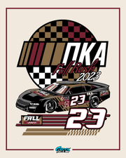 NKA Fall Rush 2023 racing car graphic with checkered flag design on a beige background