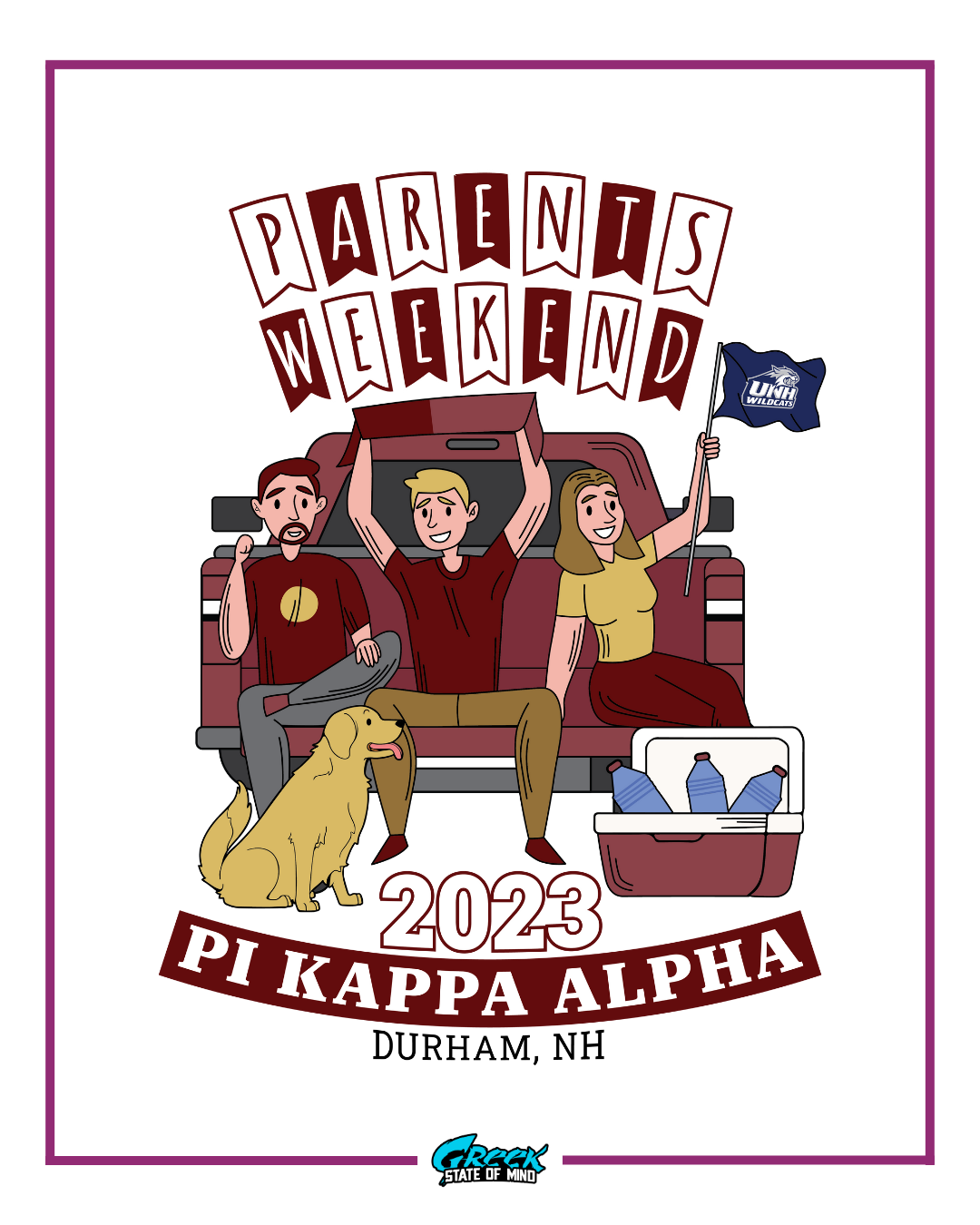 Promotional graphic for Pi Kappa Alpha Parents Weekend 2023 featuring cartoon characters and a dog on a couch.