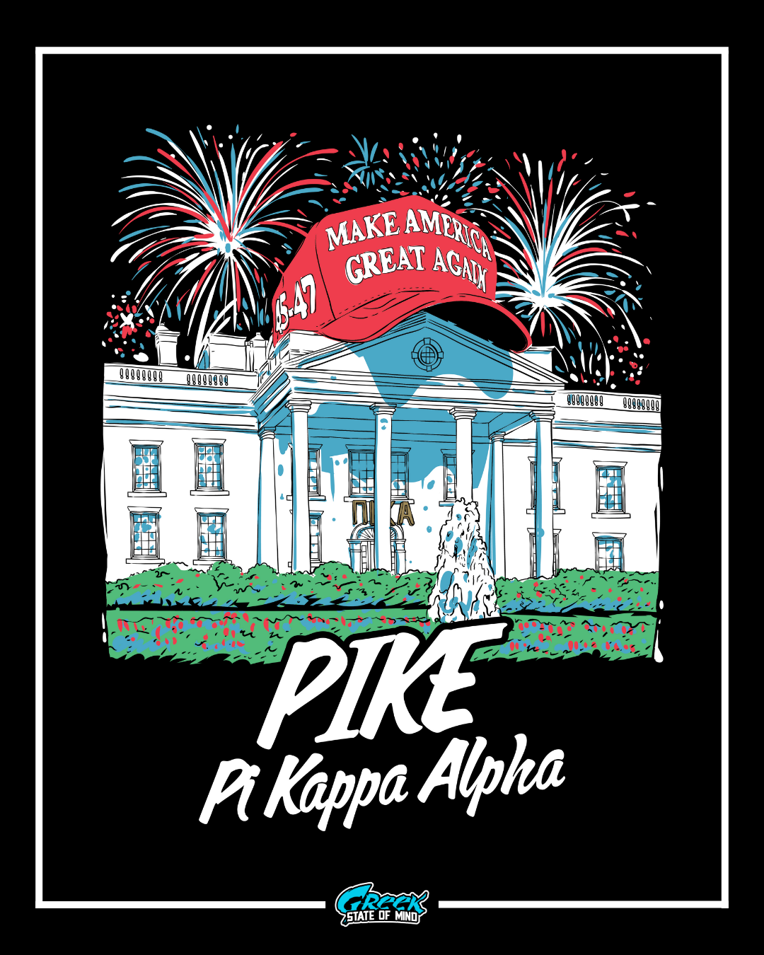 pi kappa alpha patriotic fraternity design featuring the white house with fireworks in a bold red white and blue illustration style