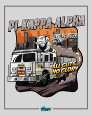 Pi Kappa Alpha spring rush 2020 graphic with a fire truck and dalmatian dog.