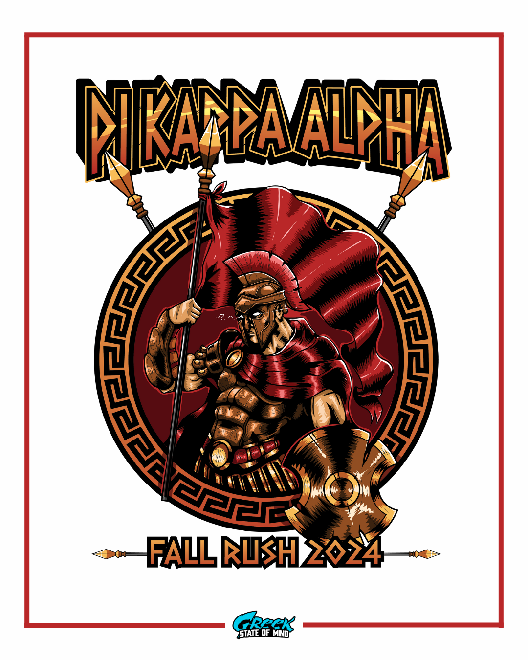 armored spartan warrior with spear, shield, and cape inside greek key circle with pi kappa alpha fall rush 2024 text.
