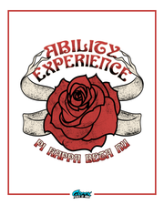 red rose illustration wrapped in a vintage cream banner with ability experience text above and pi kappa phi text below inside a red border.