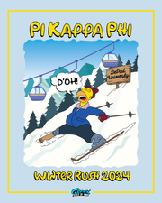 cartoon skier falling on a snowy mountain slope with gondola cars, trees, and pi kappa phi rush text in bright yellow lettering.