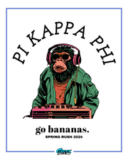 Illustration of a monkey with headphones and text 'Pi Kappa Phi go bananas. Spring Rush 2024' on a white background.