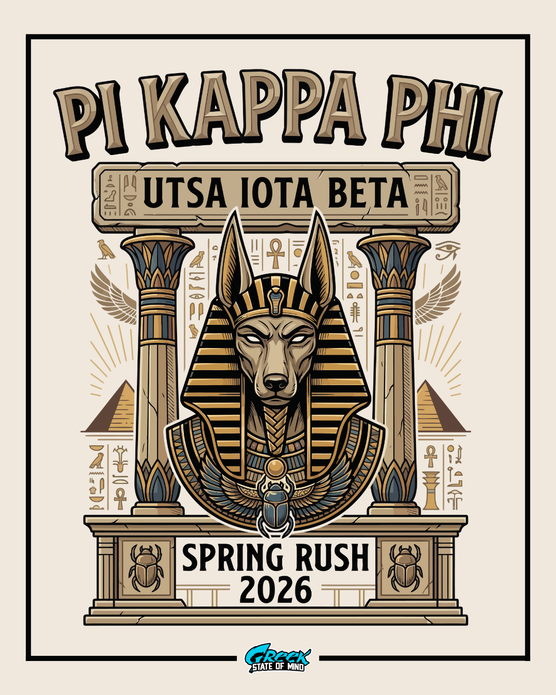 pi kappa phi egyptian rush design featuring an anubis statue with columns hieroglyphs and ancient temple elements in a symmetrical illustration style