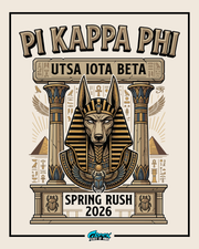 pi kappa phi egyptian rush design featuring an anubis statue with columns hieroglyphs and ancient temple elements in a symmetrical illustration style