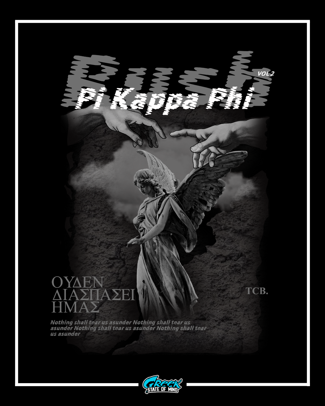 pi kappa phi rush design featuring a grayscale classical angel statue and glitch styled text with dramatic stone textures