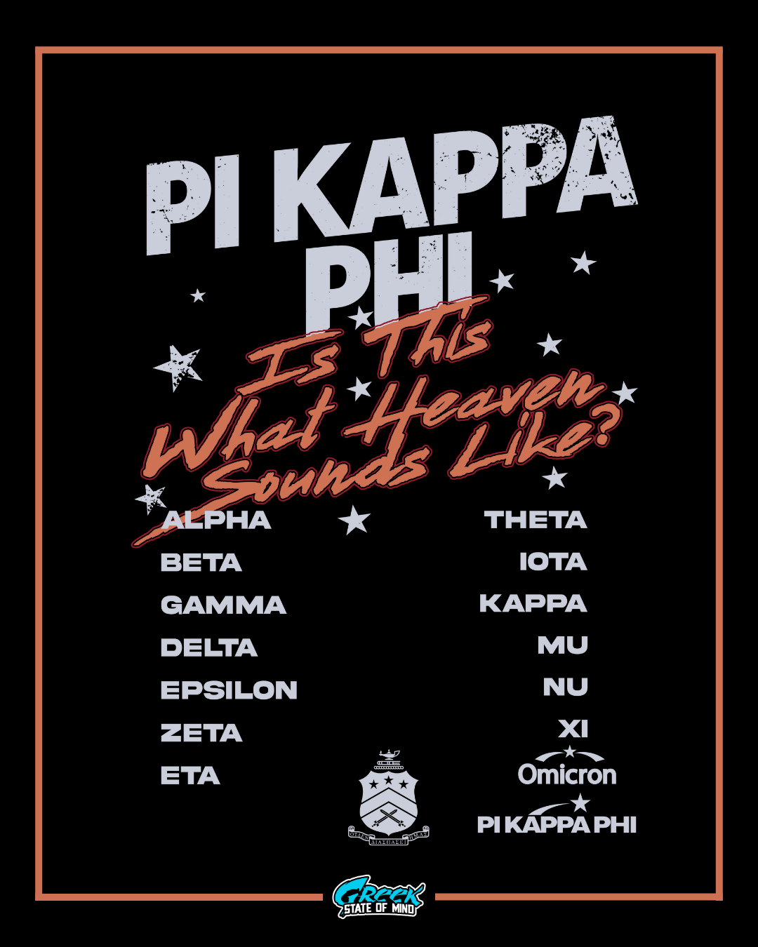 Pi Kappa Phi fraternity poster with text and symbols on a black background