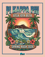 pi kappa phi tropical rush shirt design featuring ocean waves palm trees island sunset and hawaiian floral illustration