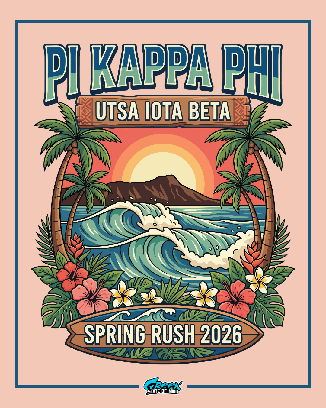pi kappa phi tropical rush shirt design featuring ocean waves palm trees island sunset and hawaiian floral illustration