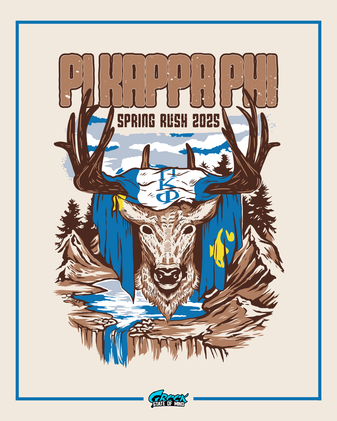D104 – Pi Kappa Phi Stag Mountains Waterfall Wilderness Rush Shirt Design