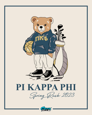 cartoon teddy bear in a pi kappa phi hoodie holding a basketball standing beside a golf bag with clubs and pi kappa phi rush text below.