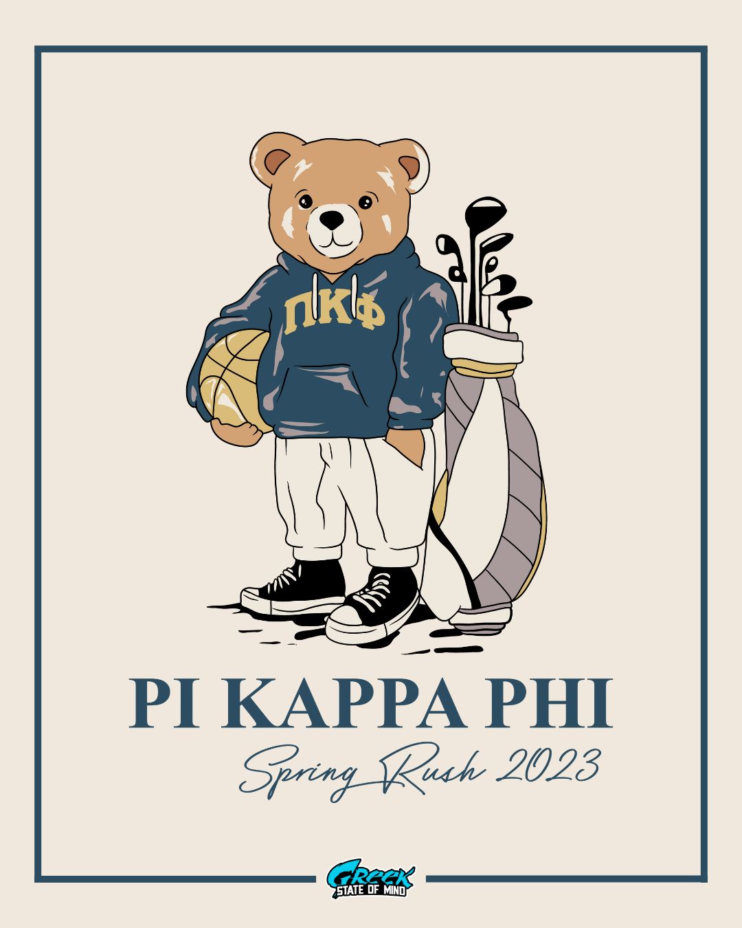 cartoon teddy bear in a pi kappa phi hoodie holding a basketball standing beside a golf bag with clubs and pi kappa phi rush text below.