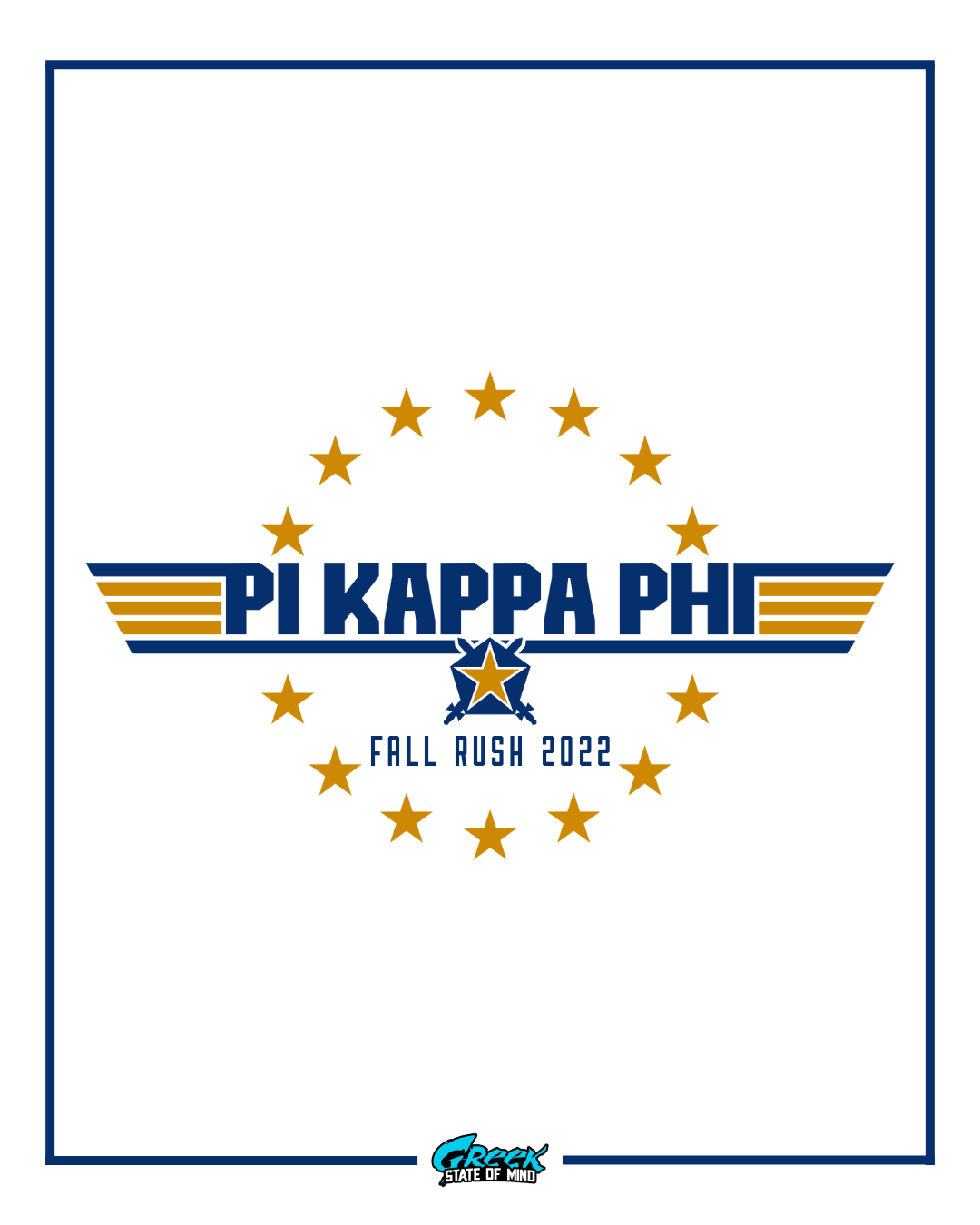 Pi Kappa Phi logo with stars and 'Fall Rush 2022' text on a white background