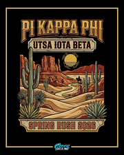 Pi Kappa Phi UTSA Iota Beta Spring Rush 2026 poster with desert landscape design.