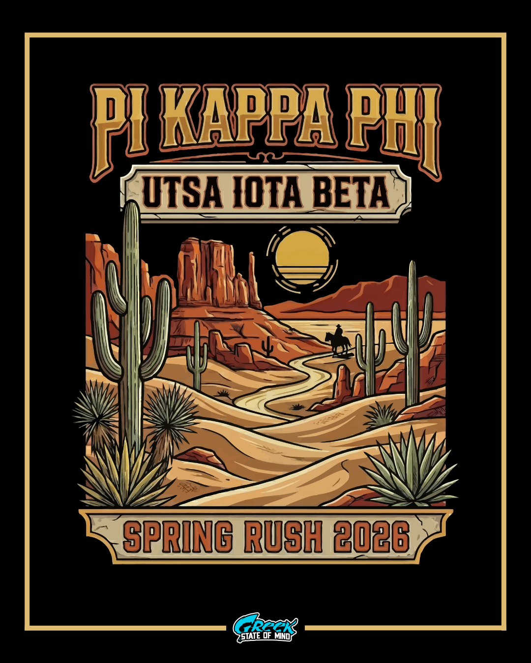 Pi Kappa Phi UTSA Iota Beta Spring Rush 2026 poster with desert landscape design.