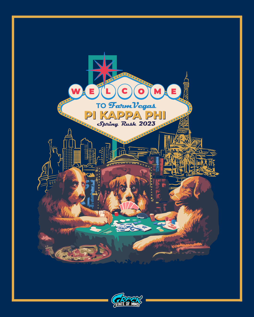 three dogs playing cards at a poker table beneath a vegas-style welcome sign that reads pi kappa phi spring rush 2023 with city skyline behind