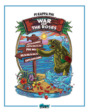 cartoon turtle holding a rose on a beach with directional signs for sororities under a war of the roses banner and pi kappa phi text.