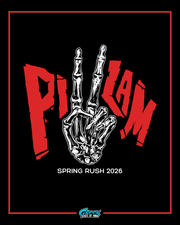 white skeleton hand making a peace sign in front of bold red pi lam lettering on a black background with a thin red border and rush text below.