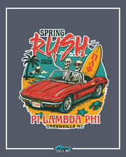 Illustration of a red car with skeletons driving, palm trees, and a surfboard with text on a dark blue background.