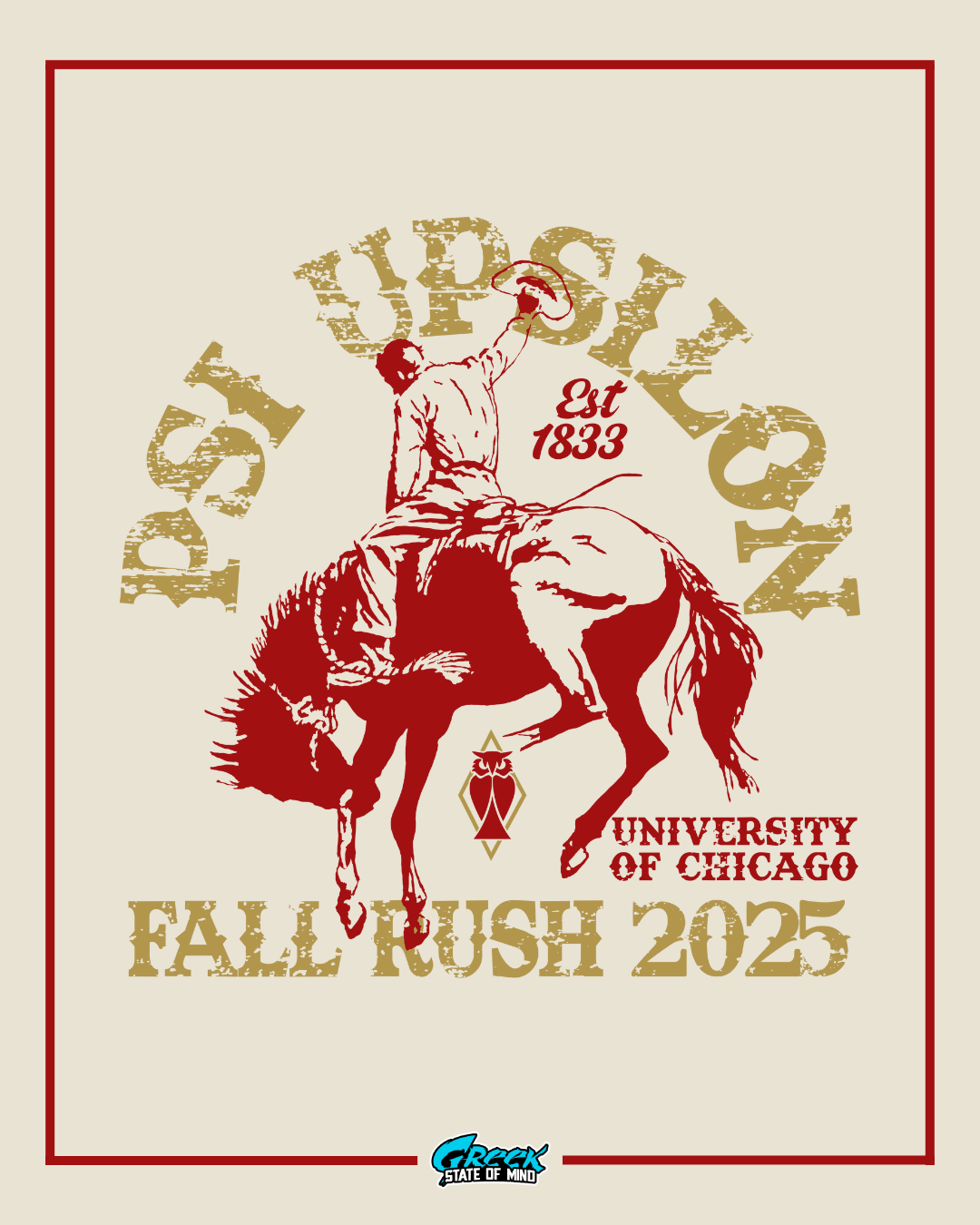psi upsilon rodeo themed fraternity rush design featuring a bull rider, distressed western lettering, and collegiate elements on a cream background