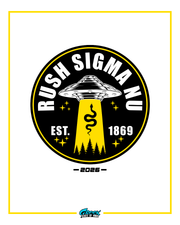 sigma nu alien ufo rush design featuring a flying saucer beaming a serpent symbol over trees with stars in a bold circular emblem