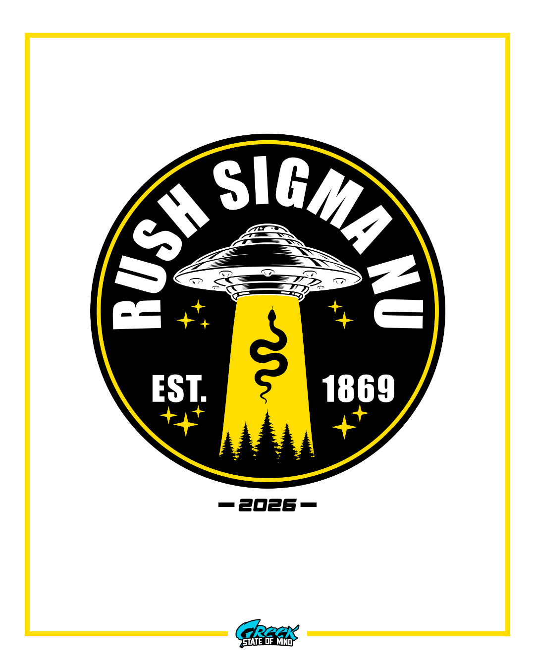 sigma nu alien ufo rush design featuring a flying saucer beaming a serpent symbol over trees with stars in a bold circular emblem