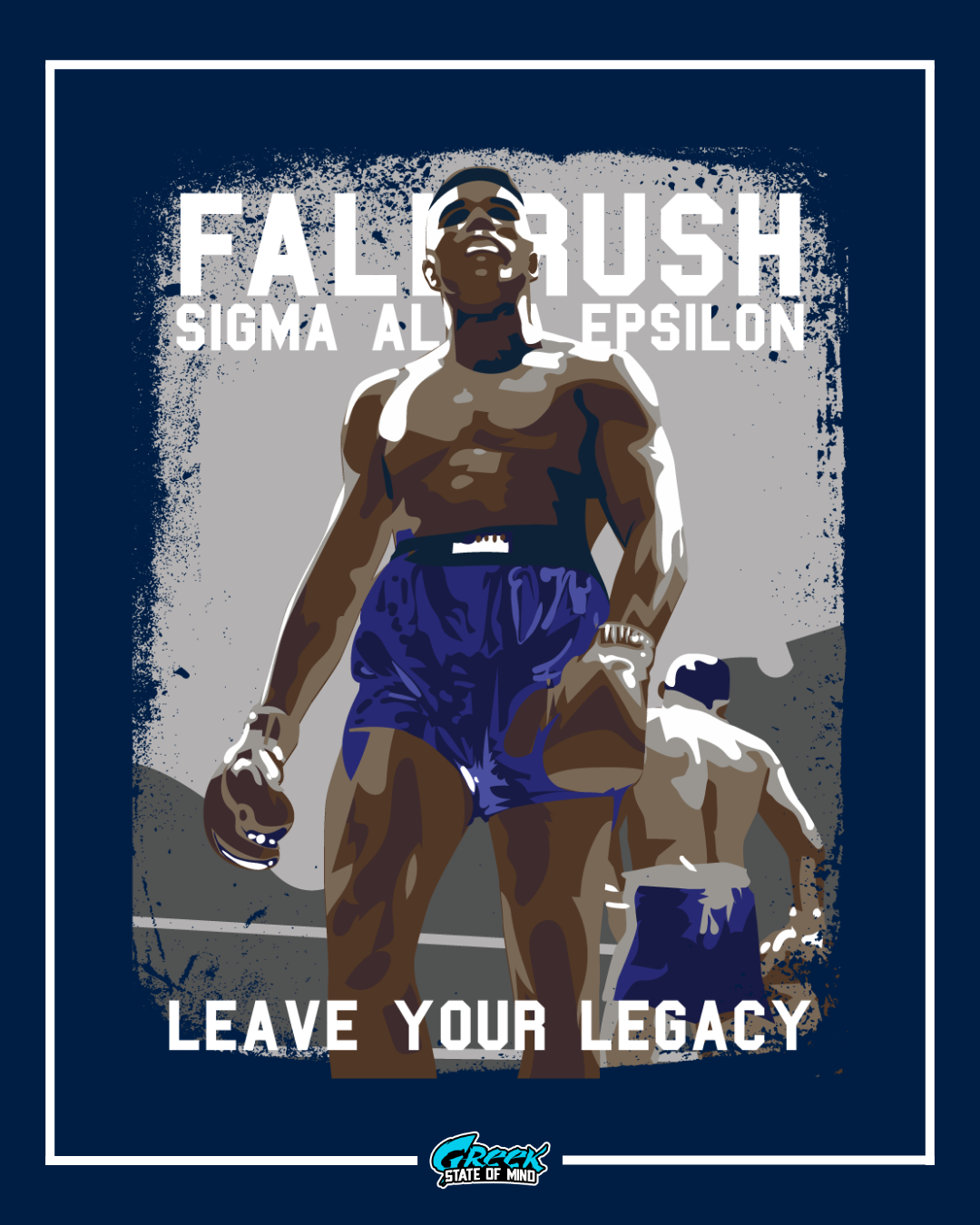  illustrated athlete in gym shorts walking forward on a field with another figure behind him framed by a textured rectangle and sigma alpha epsilon rush text.