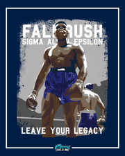 illustrated athlete in gym shorts walking forward on a field with another figure behind him framed by a textured rectangle and sigma alpha epsilon rush text.