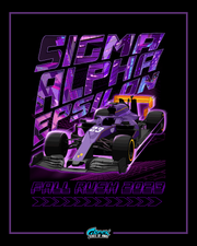  neon purple formula one race car with sigma alpha epsilon text above and fall rush 2023 wording below.