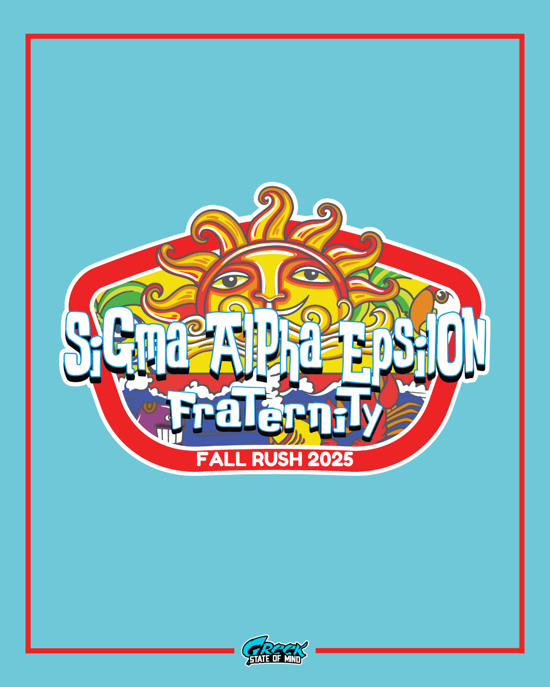 sigma alpha epsilon groovy psychedelic rush design featuring a colorful stylized sun and retro lettering on a blue background