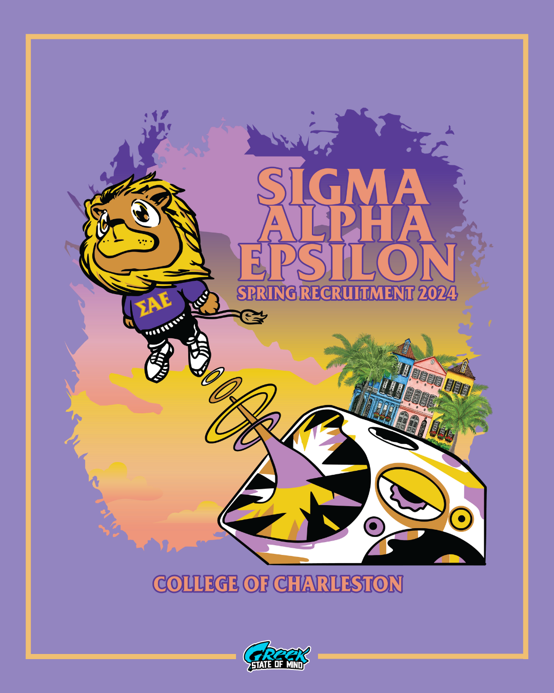  sigma alpha epsilon lion mascot floating toward a cartoon ufo beaming up colorful charleston houses over a pastel sunset sky.