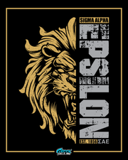 distressed gold illustration of a roaring lion’s head beside a vertical bar with epsilon text and sigma alpha epsilon details on a black background with a thin gold border.
