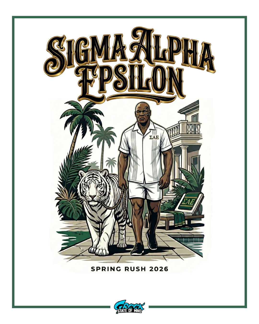 Sigma Alpha Epsilon promotional graphic with a man and tiger in a tropical setting, featuring palm trees and a mansion.