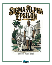 Sigma Alpha Epsilon promotional graphic with a man and tiger in a tropical setting, featuring palm trees and a mansion.