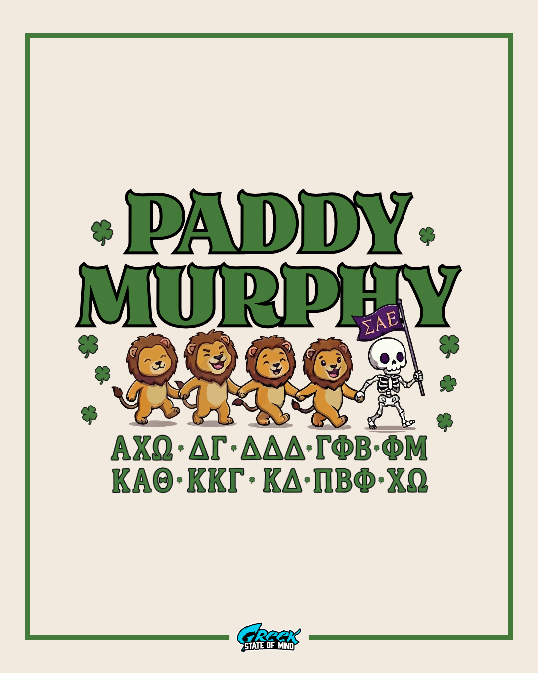 Poster with 'Paddy Murphy' text and cartoon lions on a beige background