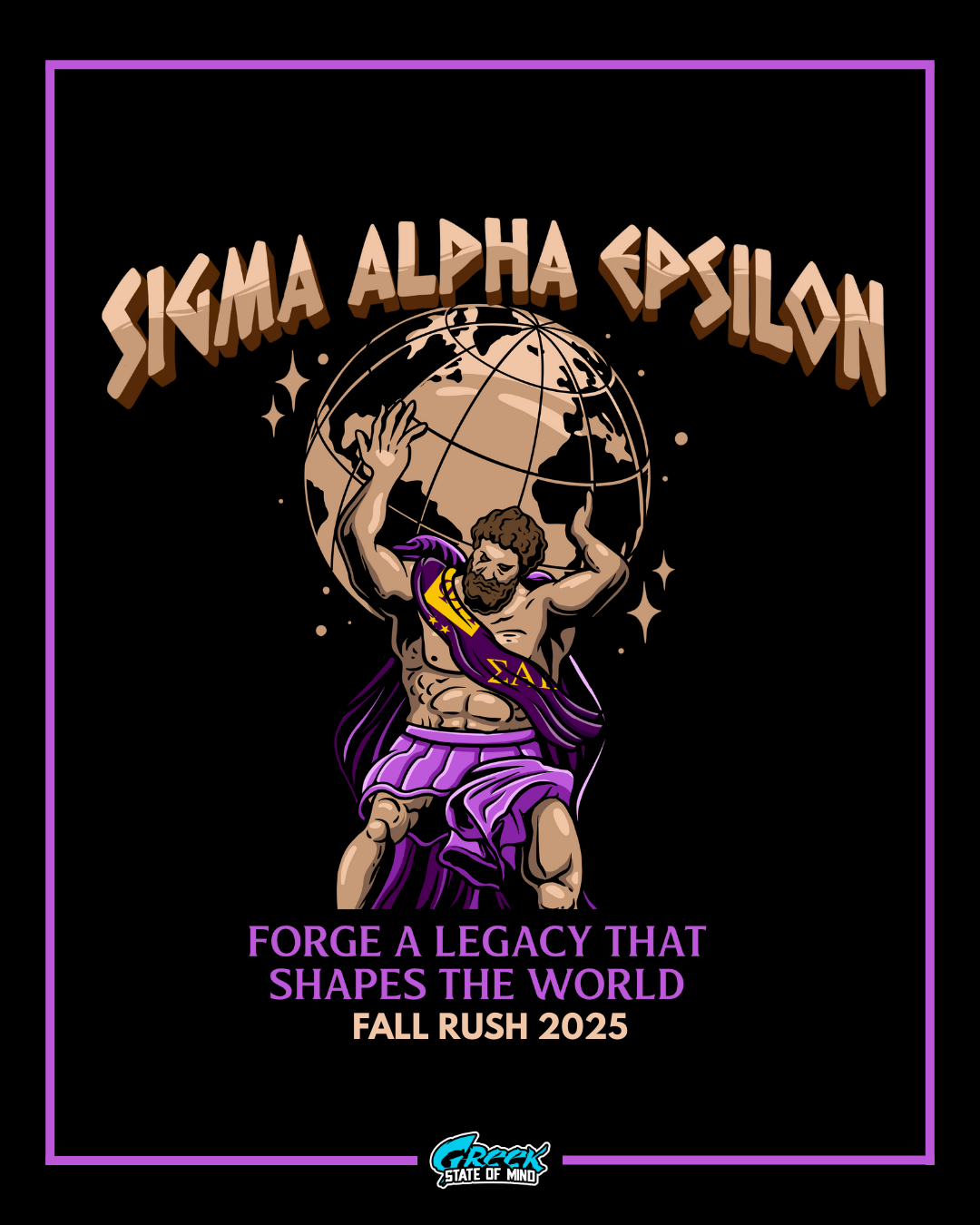Sigma Alpha Epsilon promotional graphic with a character holding a globe on a black background.