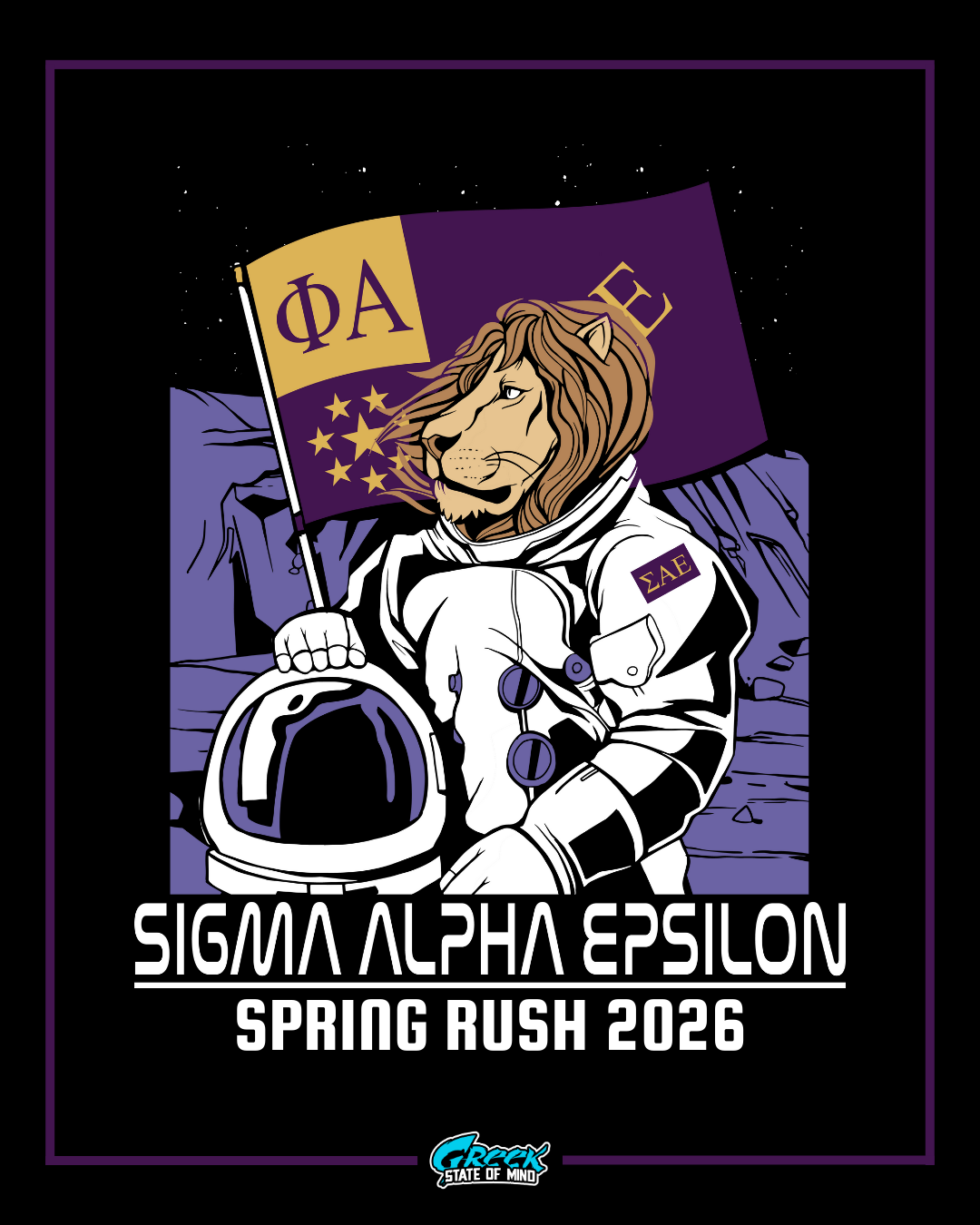 Sigma Alpha Epsilon logo with an astronaut and lion holding a flag against a black background