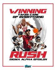 illustrated football, basketball, and baseball players celebrating in front of bold winning text above large red rush sigma alpha epsilon lettering.