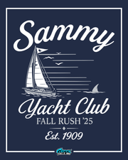sigma alpha mu yacht club rush design featuring a sailboat birds ocean lines and a shark fin on a navy background
