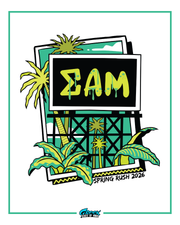 illustrated billboard with dripping sigma alpha mu greek letters surrounded by palm trees and tropical leaves in teal and lime green.