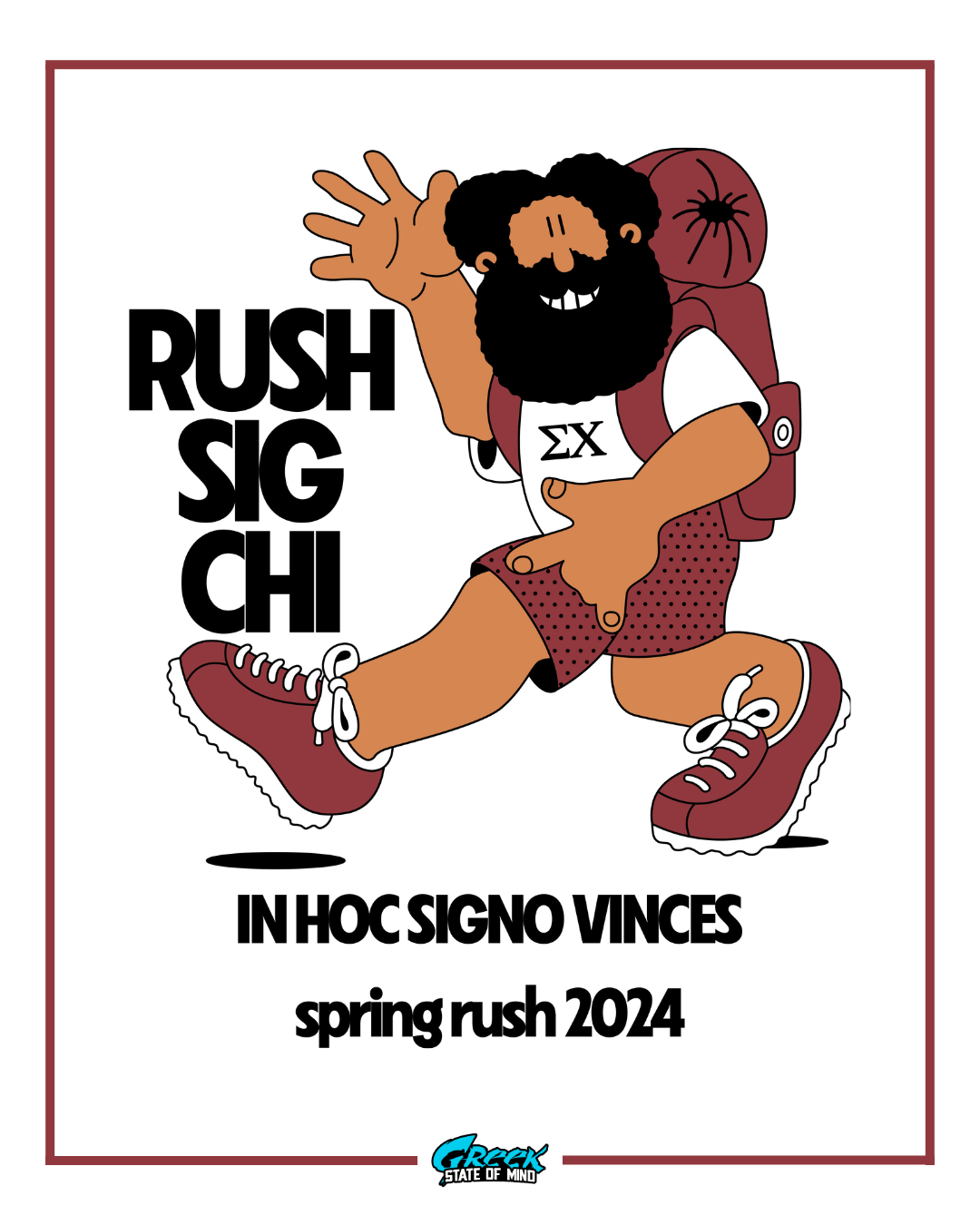 Cartoon character with text 'Rush Sig Chi' and 'spring rush 2024' on a white background