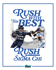 Advertisement for Rush with the Best, featuring two football players in action with text and logos.