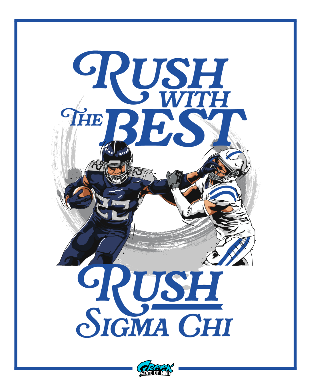 Advertisement for Rush with the Best, featuring two football players in action with text and logos.