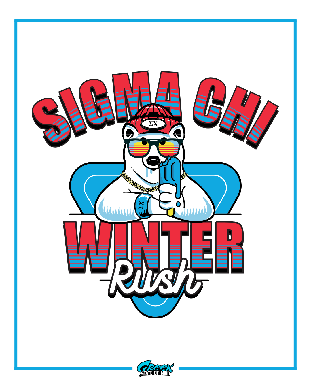  cartoon polar bear wearing a beanie and chain leaning on a blue shape under bold sigma chi and winter rush text with a blue border.