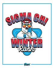  cartoon polar bear wearing a beanie and chain leaning on a blue shape under bold sigma chi and winter rush text with a blue border.