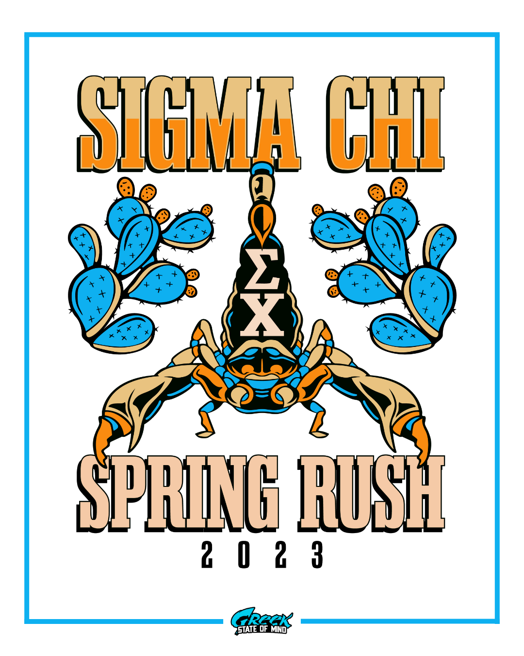 Sigma Chi Spring Rush 2023 logo with blue and orange design on a white background