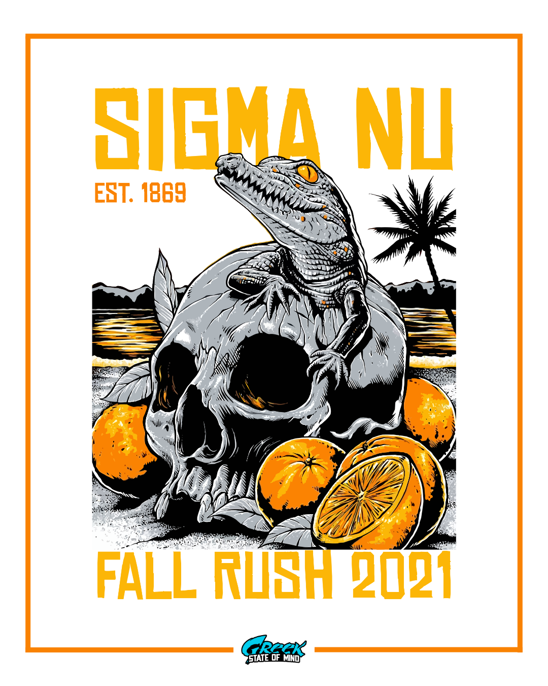 sigma nu rush design featuring an alligator sitting on a skull surrounded by oranges palm trees and a sunset background in bold yellow and gray illustration style