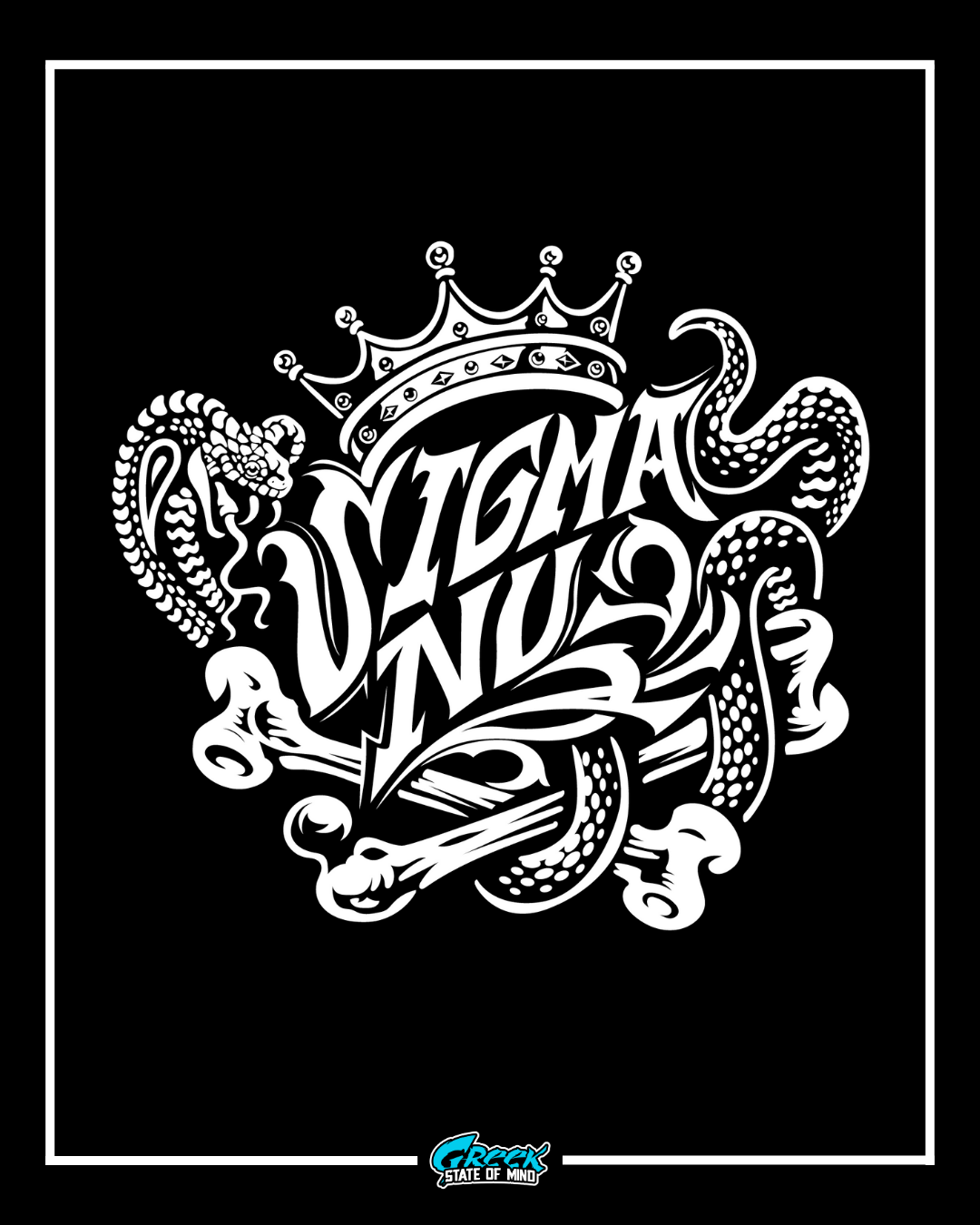intricate white sigma nu lettering intertwined with stylized serpent shapes and topped with a crown on a solid black background.